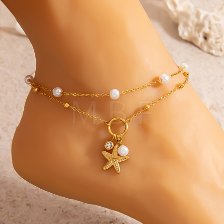 Summer Beach 304 Stainless Steel Pave Clear  Cubic Zirconia & White Round Plastic Pearl Charm Double Layer Anklets FS-WG119D8-02-1