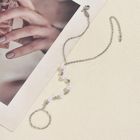 Elegant Brass Imitation Round White Pearl Hand Chain Finger Ring Bracelets for Women KS0811-1