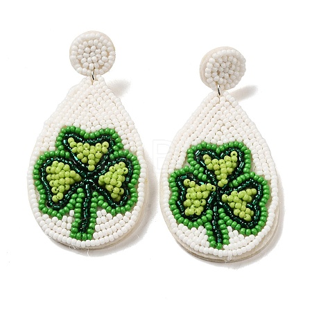 Saint Patrick's Day Glass Seed Beaded Dangle Stud Earrings EJEW-F327-01B-1