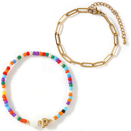 2Pcs 2 Styles Glass Seed Beads & Natural Shell & 304 Stainless Steel Beads Stretch Bracelest & Brass Paperclip Chain Bracelets Set for Women GY4605-16-1