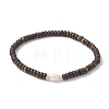 Natural Coffee Jasper Rondelle & Pearl Beaded Stretch Bracelets BJEW-JB09918-02-1