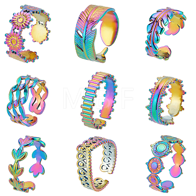   9Pcs 9 Style 304 Stainless Steel Leaf & Feather & Bullet & Crown & Flower Cuff Ring RJEW-PH0001-07-1