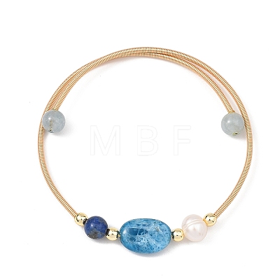 Round & Oval Natural Apatite & Lapis Lazuli & Dyed Quartz & Cultured Freshwater Pearl & Non-magnetic Synthetic Hematite Beaded Bangles BJEW-JB14080-01-1