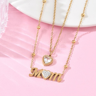 Mother's Day Double Layer 304 Stainless Steel Pave Clear Cubic Zirconia Word Mom Heart Pendant Necklaces for Women NJEW-L015-02G-1