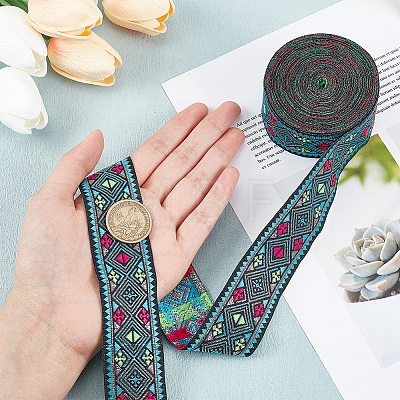 Ethnic Style Rhombus Pattern Polyester Ribbon OCOR-WH0047-50A-1