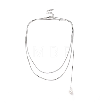 304 Stainless Steel Round Snake Chain Necklace with Acrylic Pearl Tassel Charm for Women NJEW-P271-07P-1