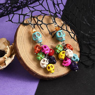 Dyed Synthetic Turquoise Skull Dangle Earrings EJEW-TA00224-1