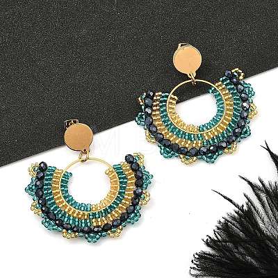 304 Stainless Steel & Bohemian Beaded Fan Dangle Stud Earrings for Women EJEW-R001-05G-01-1