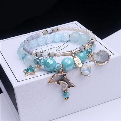 2Pcs 2 Styles Plastic & Glass Beaded Stretch Bracelets FS-WGE3E77-03-1