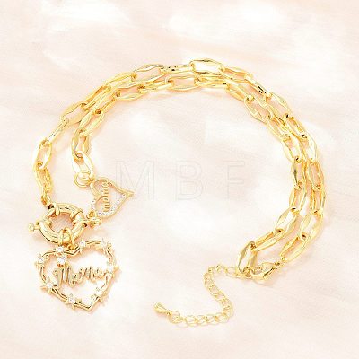 Mother's Day Brass Pave Clear Cubic Zirconia Mama Heart Pendant Necklaces NJEW-A071-04G-1