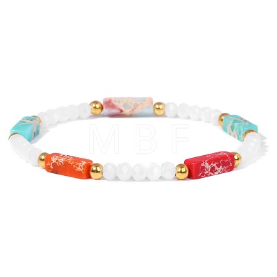 Dyed Synthetic Imperial Jasper Cuboid & Faceted Rondelle Dyed White Jade & Round Brass Beaded Stretch Bracelets QY8342-10-1