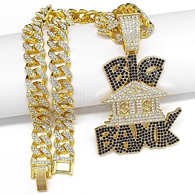 Hiphop Style Zinc Alloy Full Crystal and Jet Rhinestone Big Bank House Pendant Cuban Link Chain Necklaces for Men WG5AEC3-01-1