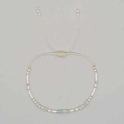 Bohemian Faceted Rondelle Natural Aquamarine and Glass Heishi Braided Bead Bracelets for Women FE7255-8-1