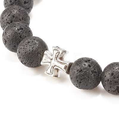 Natural Lava Rock Stretch Bracelet with Alloy Cross BJEW-JB08192-04-1