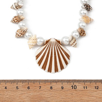 Ocean Natuarl Spiral Shell & Baking Paint Glass Pearl Round Beaded Opaque Acrylic Pendant Necklaces NJEW-JN06306-02-1