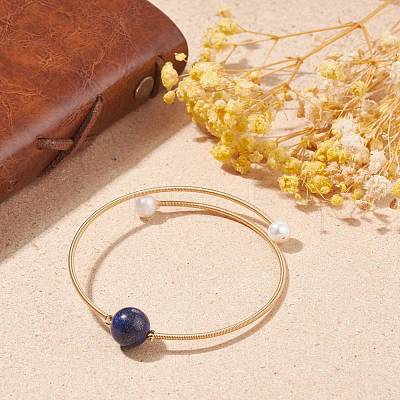 Natural Pearl & Lapis Lazuli(Dyed) Round Beaded Wrap Cuff Bangle BJEW-JB07923-02-1