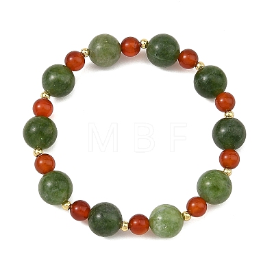 Christmas Dyed Natural Malaysia Jade & Carnelian & Brass Round Beaded Stretch Bracelets BJEW-TA00761-1