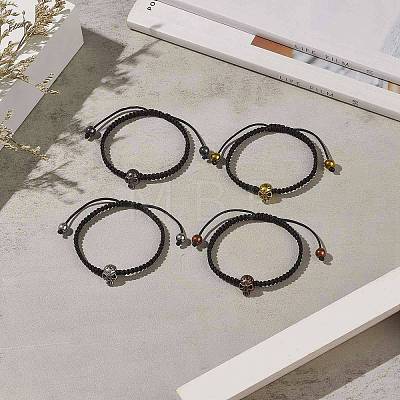 4Pcs 4 Color Synthetic Hematite & Alloy Skull Braided Bead Bracelets Set BJEW-JB09215-1