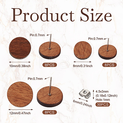  24Pcs 3 Styles Walnut Wood Flat Round Stud Earrings with 304 Stainless Steel Pin for Women EJEW-TA0001-25-1