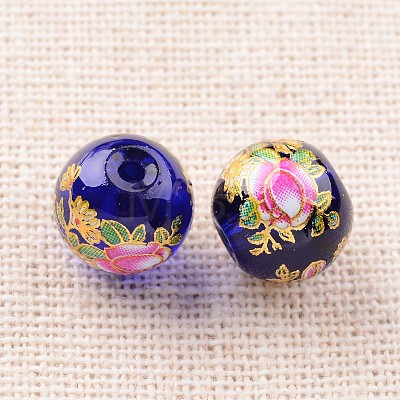 Flower Picture Printed Glass Round Beads GLAA-J087-10mm-A06-1
