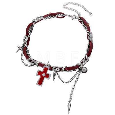 Vintage Alloy Cross Pendant Imitaiton Leather Double Layer Choker Necklaces with Punk Spike Tassel for Women WG01279-01-1