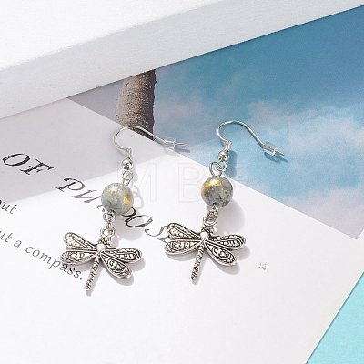 Round Natural Mashan Jade with Alloy Dragonfly Dangle Earrings EJEW-JE04855-02-1