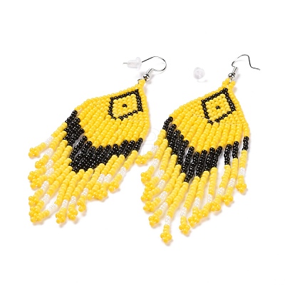 Glass Seed Braided Rhombus with Tassel Chandelier Earrings EJEW-H084-06P-1