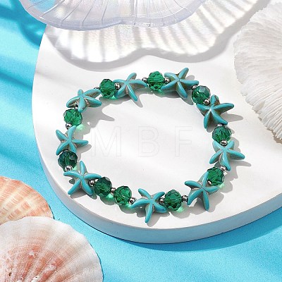 Summer Beach Starfish Dyed Synthetic Turquoise & Faceted Glass Beaded Stretch Bracelets for Women Men BJEW-JB10454-02-1