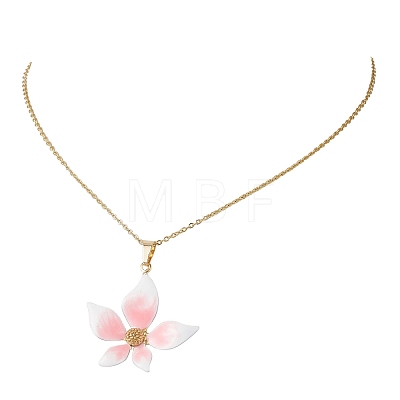 Pink Flower 304 Stainless Steel Enamel Pendant Cable Chain Necklaces for Women NJEW-JN05999-1