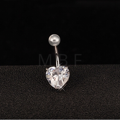 Platinum Plated Body Jewelry Heart Cubic Zirconia Brass Navel Ring Navel Ring Belly Rings AJEW-EE0001-01B-1