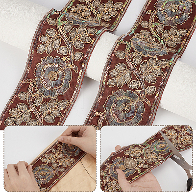 5Yards Flower Pattern Ethnic Style Embroidery Floral Polyester Ribbons OCOR-GA0003-07A-1