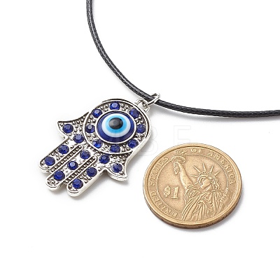 Aquamarine Rhinestone Hamsa Hand with Resin Evil Eye Pendant Necklace for Women NJEW-JN03956-02-1