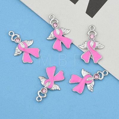 Breast Cancer Awareness Ribbon with Angel Wing Platinum Color Pearl Pink Alloy Rhinestone Enamel Pendants X-ENAM-D001-2-1