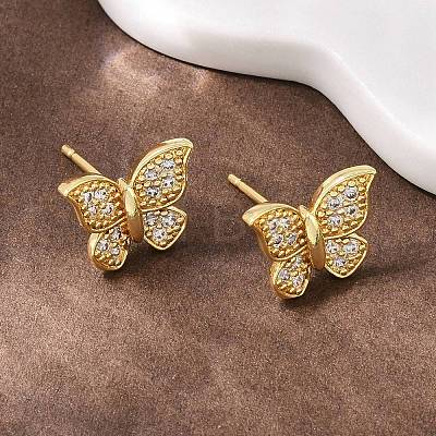 Brass Micro Pave Clear Cubic Zirconia Stud Earrings EJEW-F400-02B-G-1