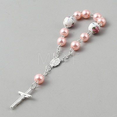 Plastic Imitation Pearl and Porcelain Round Link Metal Virgin Cross Charm Rosary Bracelets BJEW-WH0041-51A-1