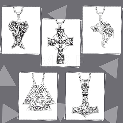 7Pcs 7 Style Arrow & Wolf & Cross & Axe & Wing Stainless Steel Pendant Necklaces Set NJEW-AN0001-44-1