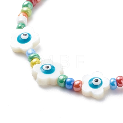 Natural Shell Flower with Evil Eye & Glass Seed Beaded Necklace Stretch Bracelet SJEW-JS01248-1