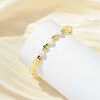 Round Natural Golden Silk Jade & Cultured Freshwater Pearl & Brass Beaded Stretch Bracelets for Women BJEW-JB14060-02-1