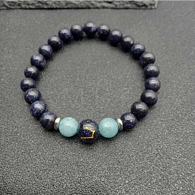 Aquarius Round Synthetic Blue Goldstone & Natural Gems Stretch Bracelets for Women Men EA3132-3-1