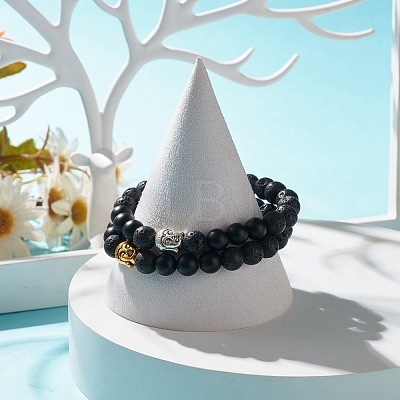 2Pcs 2 Color Natural Lava Rock & Synthetic Black Stone Stretch Bracelets Set with Buddha Head BJEW-JB07707-1