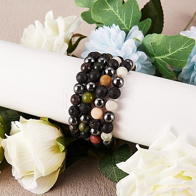 4Pcs 4 Style Natural Gemstone Round Beaded Stretch Bracelets Set BJEW-SZ0002-19-1