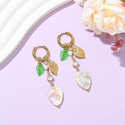 Leaf Natural Freshwater Shell & Teardrop Glass Dangle Earrings EJEW-JE07148-1