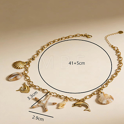 304 Stainless Steel Ocean Theme Shell Starfish Dolphin Multi Pendant Bib Necklace for Women Summer Beach Jewelry PT7319-1