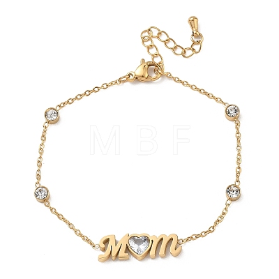 Mother's Day 304 Stainless Steel Cubic Zirconia Word Mom Link Bracelets BJEW-L721-02G-1