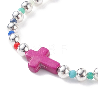 Synthetic Turquoise(Dyed) Cross Stretch Bracelet with Glass for Women BJEW-JB07663-1