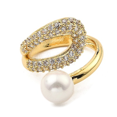Cubic Zirconia Hollow Teardrop Open Cuff Ring with Plastic Imitation Pearl Beaded RJEW-G294-03G-1