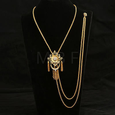 Vintage Gothic Style Brass Pave Cubic Zirconia Flower Long Tassel Lariat Necklace Brooch for Women GO0016-1-1