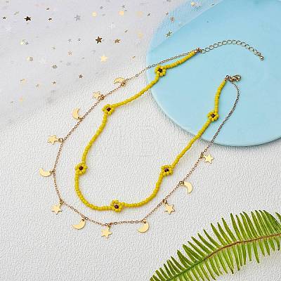 Glass Seed Braided Flower Double Layer Necklace NJEW-SW00015-01-1