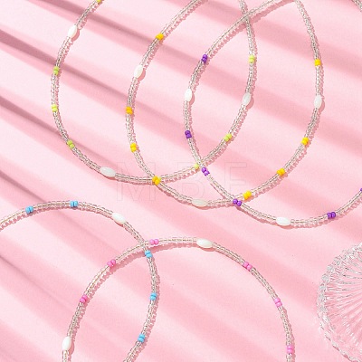 Rice Natural Shell and Round Glass Seed Beaded Necklaces for Women NJEW-MZ00153-1