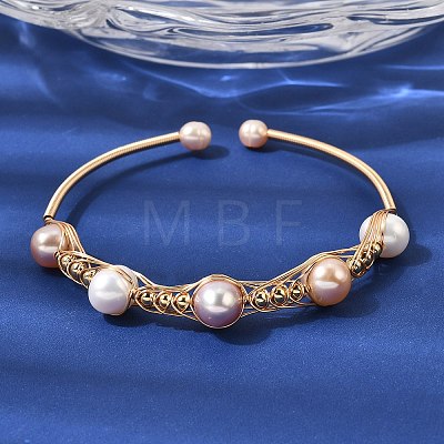 Brass Wire Wrapped Natural Pearl Cuff Bangles for Women BJEW-D453-01G-1